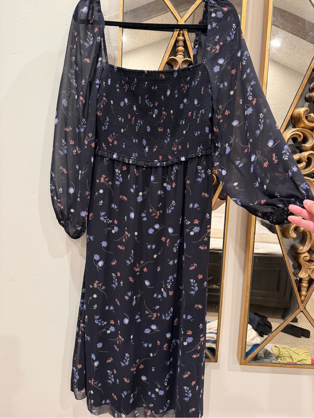 Wilfred Black Floral Smocked Midi Dress with Sheer Long Sleeves